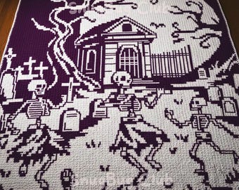 Skeletons Dancing Overlay Mosaic Crochet Blanket PDF Pattern, Halloween Graveyard Gothic Spooky Crochet Design