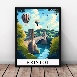 Bristol Travel Print Vector Art- Bristol Framed Real Wood Poster, Bristol Wall Art, UK Cityscape , Clifton Suspension Bridge Paper Print
