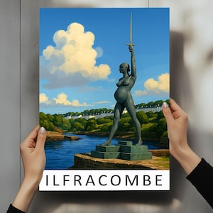 Ilfracombe Travel Poster – Devon Seaside Wall Art UK Coast Print – Harbour Landscape Illustration – Ilfracombe Print