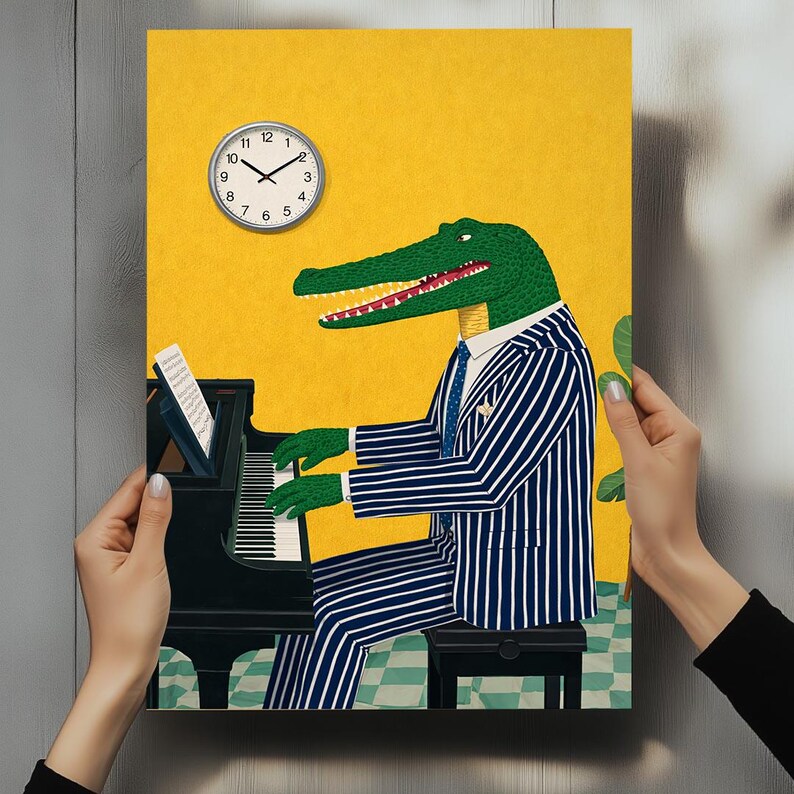 May include: A whimsical illustration of an alligator playing a piano, wearing a blue and white striped suit. A clock is on the yellow background. The alligator is green with a red mouth. The piano is black.