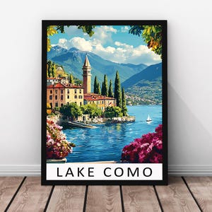 Lake Como Travel Print - Lake Como Framed Real Wood Poster, Lake Como Wall Art, Italy Lakeside Illustration, Scenic Paper Print
