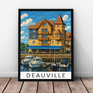 Stampa di viaggio di Deauville - Poster in vero legno con cornice di Deauville, opera d'arte di una località costiera francese, opera d'arte murale sul lungomare, stampa di Deauville
