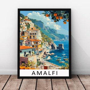 Stampa di viaggio Amalfi - Poster in vero legno con cornice Amalfi, stampa murale Amalfi, illustrazione della costa italiana, stampa su carta mediterranea