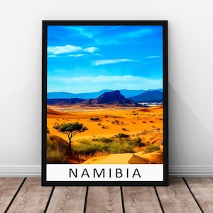 Stampa di viaggio Namibia - Poster incorniciato fatto a mano, arte murale africana, illustrazione delle dune del deserto, stampa su carta di alta qualità, decorazione panoramica