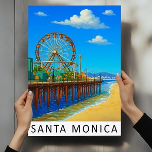 Poster di viaggio di Santa Monica, California - Stampa artistica da parete vintage con tramonto sulla spiaggia, illustrazione del molo costiero - Stampa di Santa Monica