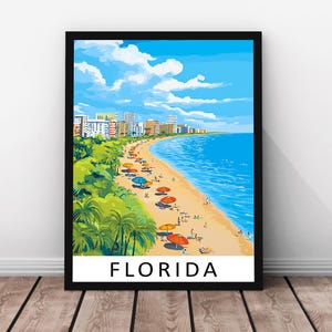 Stampa di viaggio in Florida – Poster in vero legno con cornice della Florida, opera d'arte costiera della Florida, arte murale sulla costa degli Stati Uniti, stampa della Florida