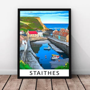 Staithes Travel Print Vector Artt- Staithes Framed Real Wood Poster, Staithes Wall Art, UK Coastal, Seaside Landscape Paper Print