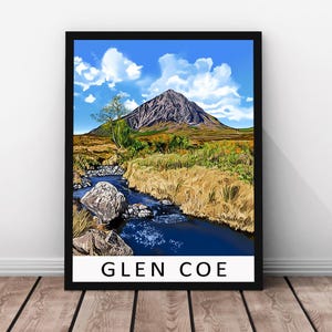 Glen Coe Travel Print Vector Art -Summer  Glen Coe Framed Real Wood Poster, Glen Coe Art, Scottish Highlands  Mountain Print