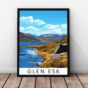 Impresión vectorial de viaje de Glen Esk: póster de madera real enmarcado de Glen Esk, arte de pared de Glen Esk, ilustración de paisaje escocés, impresión en papel