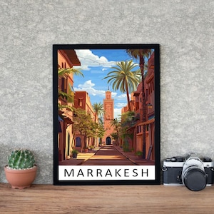 Stampa di viaggio di Marrakech - Poster in vero legno con cornice di Marrakech, arte murale di Marrakech, opera d'arte con paesaggio urbano del Marocco, stampa su carta storica