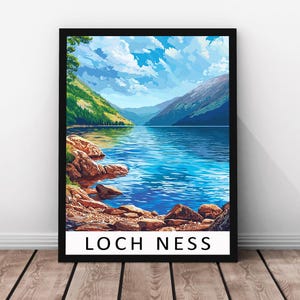 Loch Ness Travel Print Vector Art - Loch Ness Framed Real Wood Poster, Loch Ness Wall Art, Scottish Landscape, Monster Paper Print