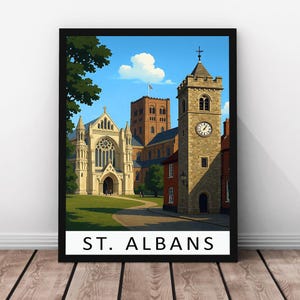 St Albans Travel Print – St Albans Framed Real Wood Poster, England Historic Town Artwork, Cathedral City Wall Art, St Albans Print