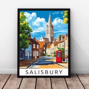 Salisbury Travel Print - Salisbury Framed Real Wood Poster, Salisbury Wall Art, UK Historic Artwork, Cathedral City Paper Print