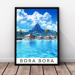 Impresión vectorial de viaje de Bora Bora: póster enmarcado de madera auténtica de Bora Bora, obra de arte de isla tropical, arte mural de la Polinesia Francesa, impresión de Bora Bora
