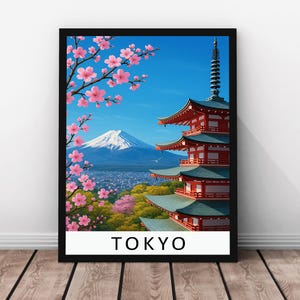 Tokyo Travel Print Tempel Blossoms – Tokyo Framed Real Wood Poster, Japan Cityscape Artwork, Neon Skyline Urban Wall Art, Tokyo Print