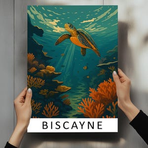 Stampa di viaggio di Biscayne – Poster in vero legno con cornice di Biscayne, opera d'arte costiera della Florida, arte murale dell'oceano tropicale, stampa di Biscayne