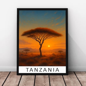 Stampa di viaggio Tanzania - Stile dipinto - Poster in vero legno con cornice Tanzania, opera d'arte con paesaggio africano, stampa murale con fauna selvatica del safari, stampa Tanzania
