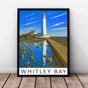 Stampa di viaggio di Whitley Bay - Poster in vero legno con cornice di Whitley Bay, opera d'arte di una città costiera, paesaggio costiero del Regno Unito, stampa di Whitley Bay