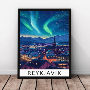 Stampa di viaggio di Reykjavik - Poster in vero legno con cornice di Reykjavik, arte murale di Reykjavik, illustrazione del paesaggio urbano islandese, stampa su carta nordica