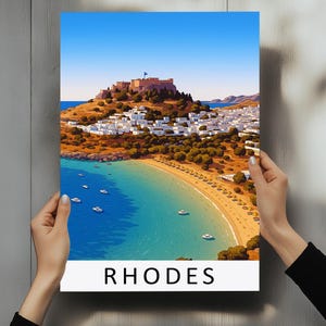 Stampa artistica di viaggio a Rodi, Grecia – Stampa artistica da parete con cornice in legno – Poster dell'isola greca – Decorazione costiera – Idea regalo per un viaggio in Grecia