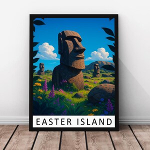 Easter Island Travel Print Framed Real Wood Poster, Moai Statues Landscape Artwork, Remote Island Wall Art, Easter Island Print