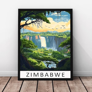 Stampa di viaggio Zimbabwe - Arte murale africana, illustrazione delle cascate Victoria, stampa su carta di alta qualità, decorazione panoramica, arte con cornice in vero legno