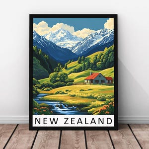 Stampa di viaggio in Nuova Zelanda - Poster con cornice in acero di alta qualità, arte murale con paesaggio panoramico, illustrazione di montagne e laghi, stampa su carta tradizionale
