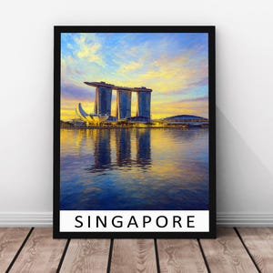Singapore Travel Print – Singapore Framed Real Wood Poster, Modern Skyline Artwork, Southeast Asia Wall Art, Singapore Print