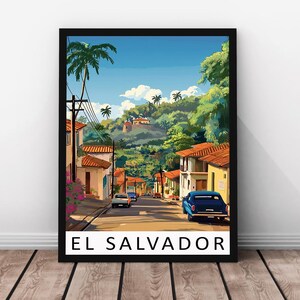 Stampa di viaggio El Salvador - Poster con cornice in legno realizzata a mano, arte murale dell'America Centrale, illustrazione di paesaggi panoramici, stampa su carta tradizionale