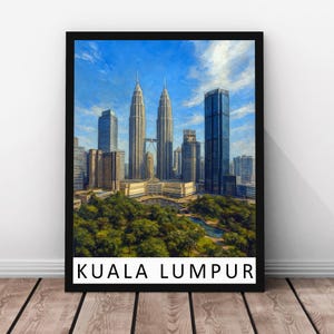 Kuala Lumpur Travel Print – Kuala Lumpur Framed Real Wood Poster, Malaysia Cityscape Artwork, Petronas Towers Wall Art, Kuala Lumpur Print