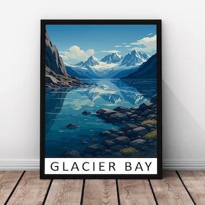 Glacier Bay Travel Print Vector Style – Glacier Bay Framed Real Wood Poster, National Park Landscape Artwork, USA Art, Glacier Bay Print