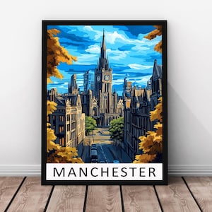 Manchester Travel Print Vector Art- Manchester Framed Real Wood Poster, Manchester Wall Art, UK Cityscape, Urban Landscape Paper Print