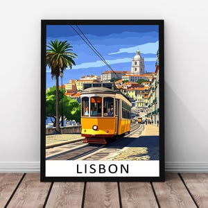 Stampa di viaggio di Lisbona - Poster in vero legno con cornice di Lisbona, arte murale di Lisbona, illustrazione del paesaggio urbano del Portogallo, stampa su carta del distretto di Alfama