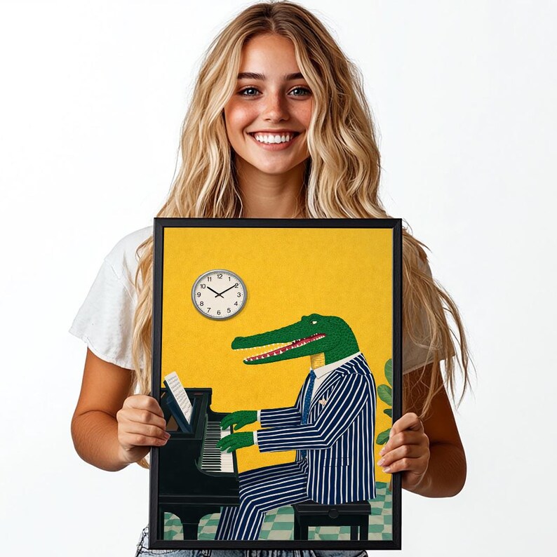 May include: Framed art print featuring a green alligator playing a black piano. The alligator wears a blue and white striped suit and tie. A clock is on the yellow background. The art print is in a black frame.