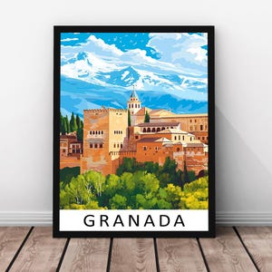 Stampa di viaggio di Granada – Poster in vero legno con cornice di Granada, opera d'arte del paesaggio urbano di Granada, arte murale storica della Spagna, stampa di Granada