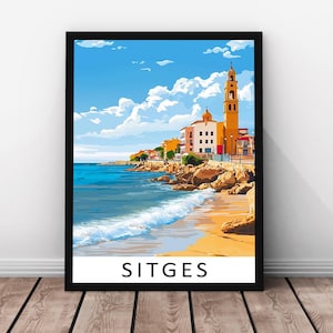 Sitges Travel Print – Sitges Framed Real Wood Poster, Sitges Coastal Artwork, Spain Seaside Wall Art, Sitges Print