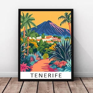Tenerife Travel Print - Tenerife Framed Real Wood Poster, Tenerife Wall Art, Canary Islands Landscape Illustration, Scenic Paper Print
