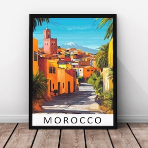 Stampa di viaggio in Marocco - Poster con cornice in rovere artigianale, arte murale del Nord Africa, illustrazione di un mercato vivace, stampa su carta di qualità, decorazione culturale