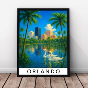 Stampa di viaggio di Orlando - Stile dipinto - Poster in vero legno con cornice di Orlando, opera d'arte con paesaggio urbano della Florida, decorazione murale dello Stato del Sole, stampa di Orlando