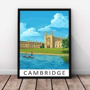 Cambridge Travel Print  Vector Art - Cambridge Framed Real Wood Poster, Cambridge Wall Art, Historic University Illustration, Paper Print
