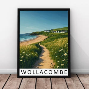 Woolacombe Travel Print – Woolacombe Framed Real Wood Poster, Devon Coastal Landscape Artwork, Seaside Wall Art, Woolacombe Print