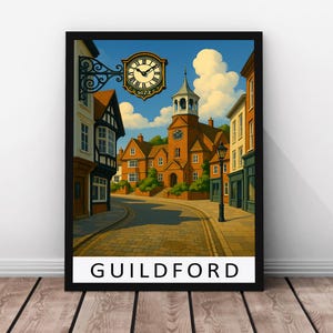 Guildford Travel Print – Guildford Framed Real Wood Poster, England Historic Town Artwork, Countryside Wall Art, Guildford Print