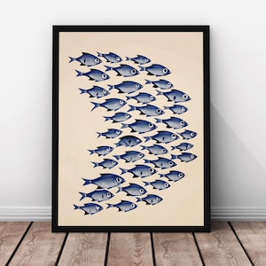 Art mural poisson indigo, impression côtière minimale, affiche bleu marine scandinave