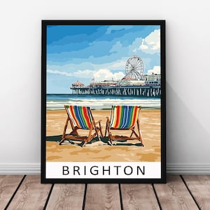Brighton Travel Print Vector Art - Brighton Framed Real Wood Poster, Brighton Wall Art, Seaside Illustration, Coastal Artwork, Paper Print