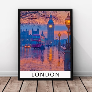 Stampa di viaggio di Londra - Poster in vero legno con cornice di Londra, arte murale di Londra, illustrazione del paesaggio urbano del Regno Unito, stampa su carta del Big Ben