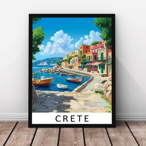 Stampa di viaggio di Creta - Poster in vero legno con cornice di Creta, arte murale di Creta, opera d'arte dell'isola della Grecia, stampa su carta mediterranea