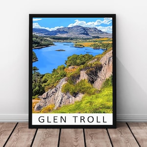 Impresión de viaje de Glen Trool: póster de madera real enmarcado de Glen Trool, arte de pared de Glen Trool, ilustración de paisaje escocés, impresión en papel