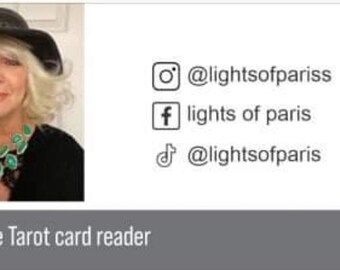May include: A woman wearing a black hat and a green necklace, with the text "Intuitive Tarot card reader" and social media handles: @lightsofpariss, lights of paris, and @lightsofparis.