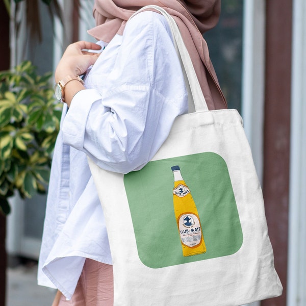 Club Mate Totebag, Art Lover Gift, Shoulder Bag, Eco-Friendly Tote, Canvas Shopping Bag, handdrawn illustration