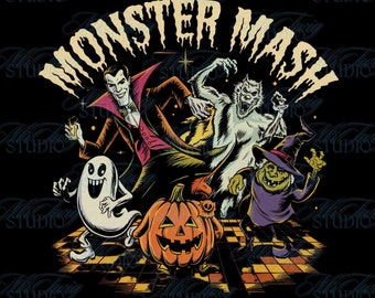 Vintage Monster Mash PNG, Halloween Monsters Digital Art for Crafts, Retro Clipart & Sublimation Designs for Spooky Gifts